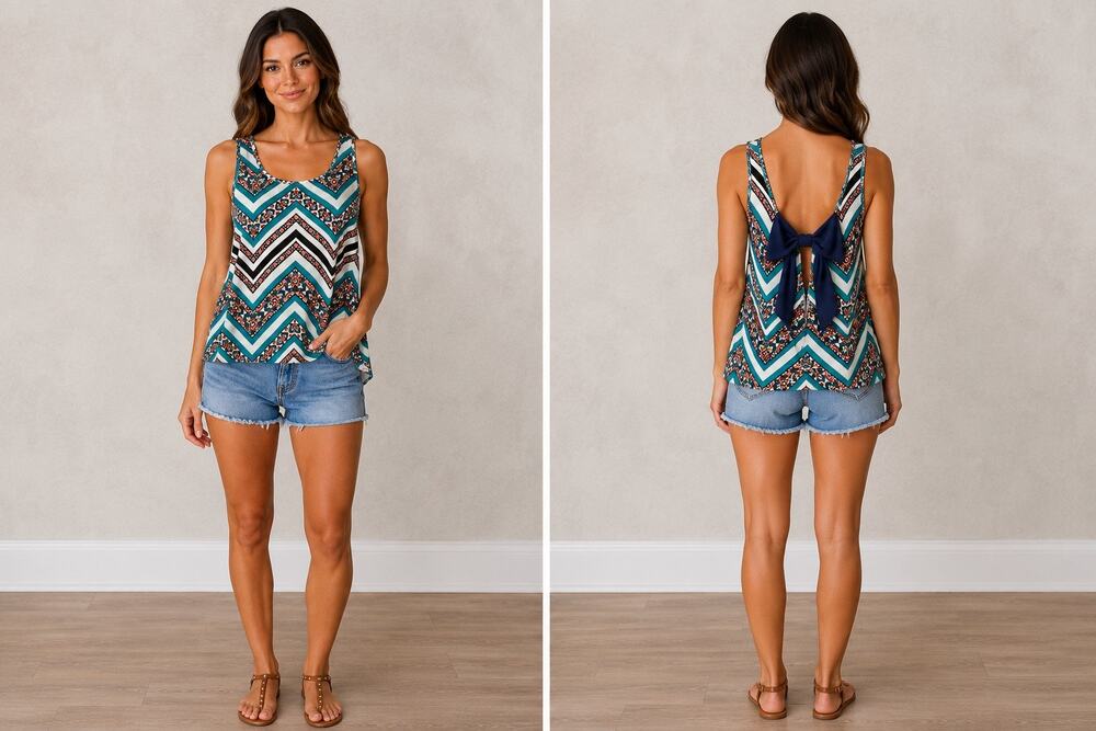Living Doll Boho Chevron Print Flowy Tank Top Open Back Bow Split Hem Size M